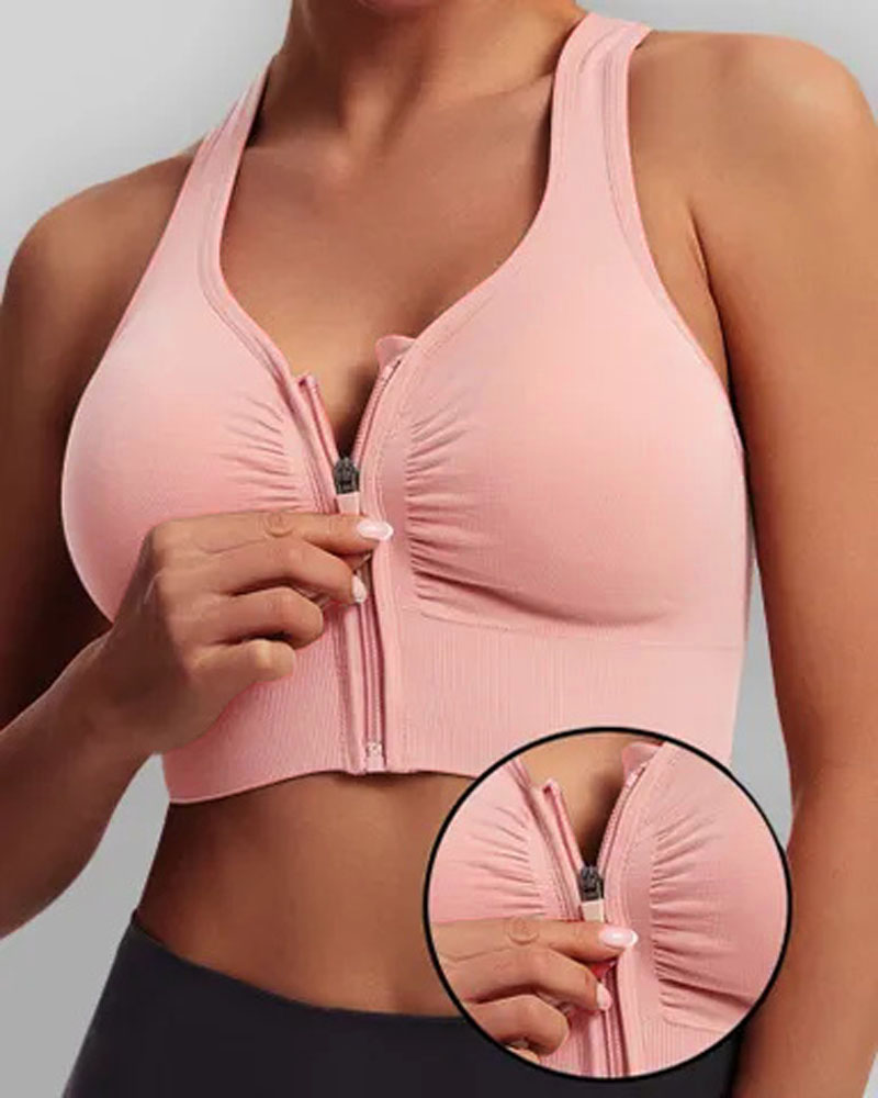 

Ruched Zip Front Criss Cross Sports Bra, Pink