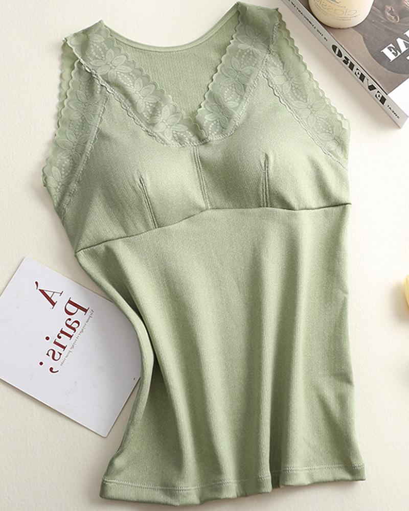 

Floral Lace Trim Crisscross Padded Vest Thermal Underwear Base Shirt, Green