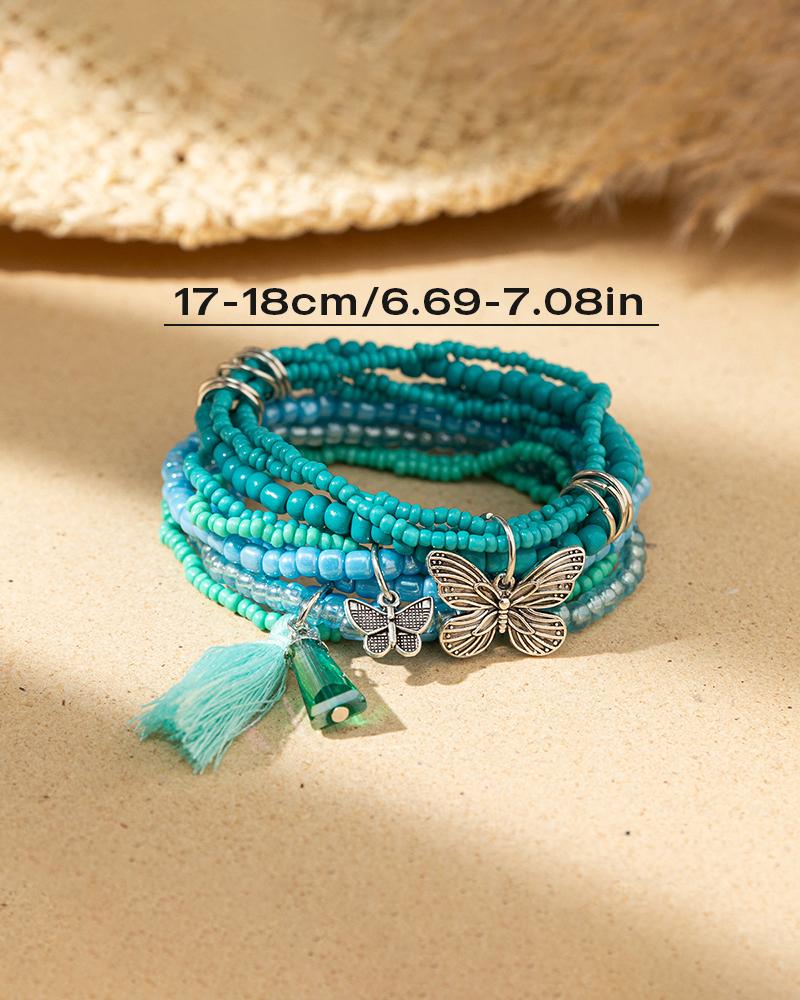 

5 piezas Set de pulsera con borlas y patrón de mariposa, Blue