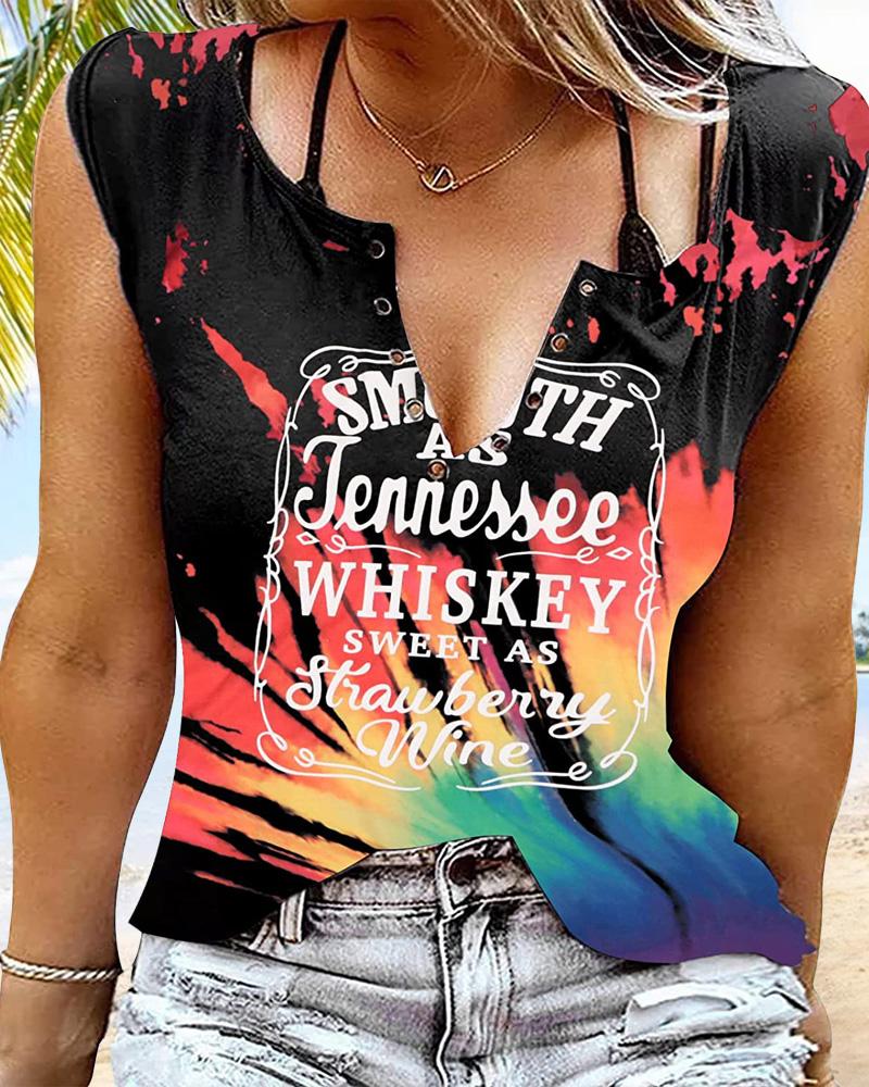 

Plus Size Whiskey Sweet As Strawberry Wine Print Sleeveless Tank Top, Multicolor