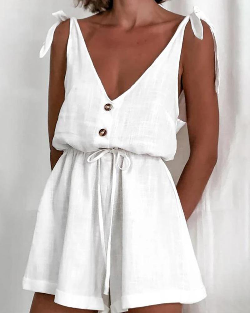 

Button Front Tie Strap Romper, White