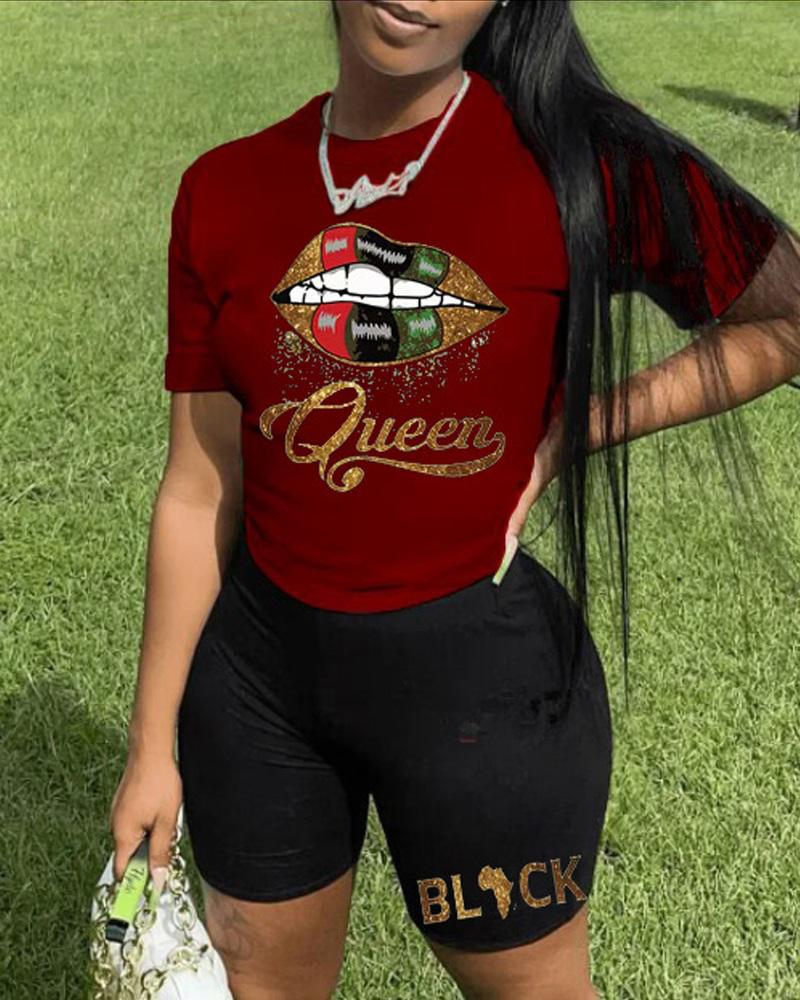 

Plus Size Queen Letter Lip Print Casual T-shirt & Shorts Set, Wine red