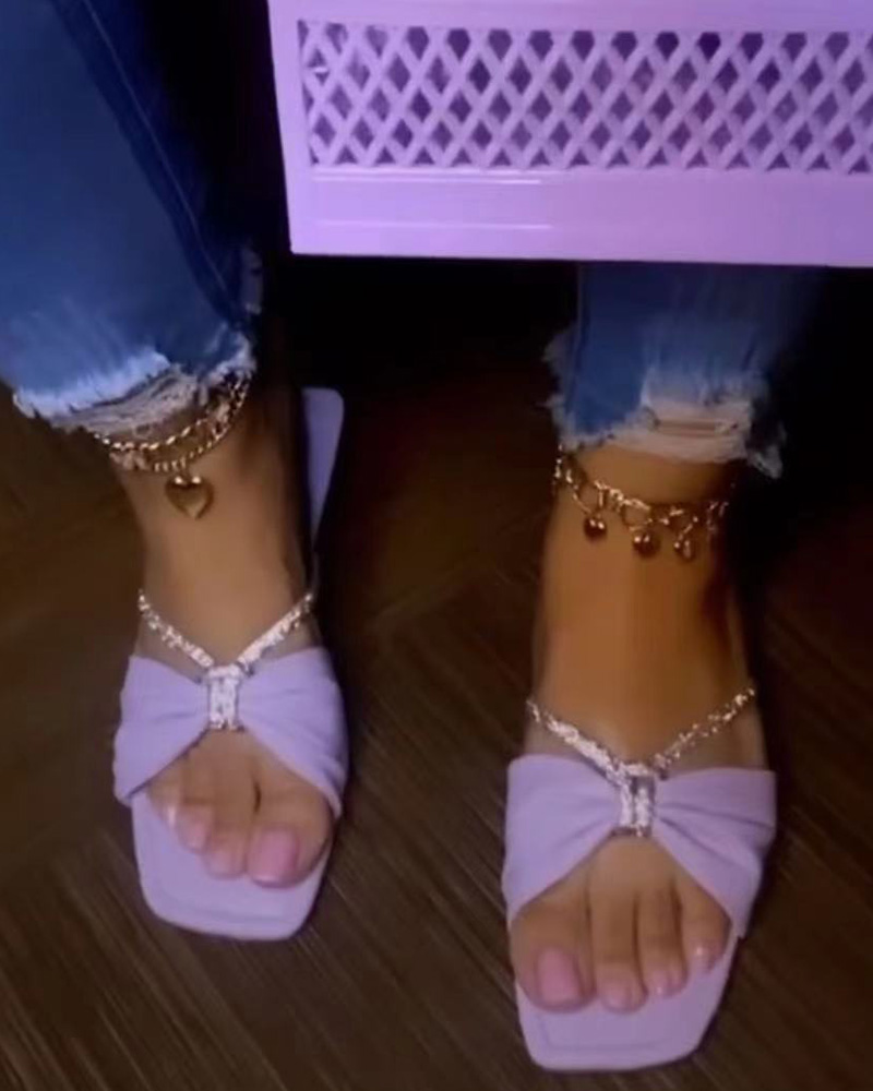 

Bowknot Design Rhinestone Strap Slippers, Purple