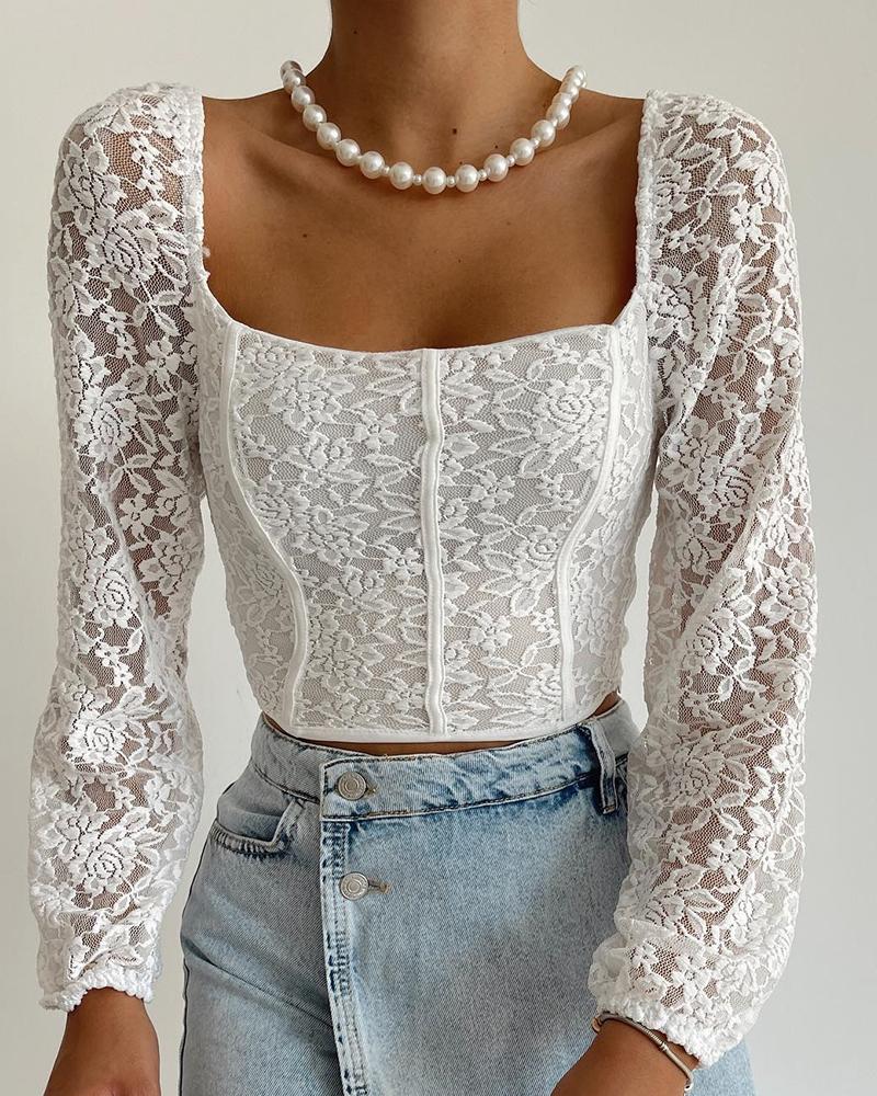 

Crochet Lace Long Sleeve Top, White
