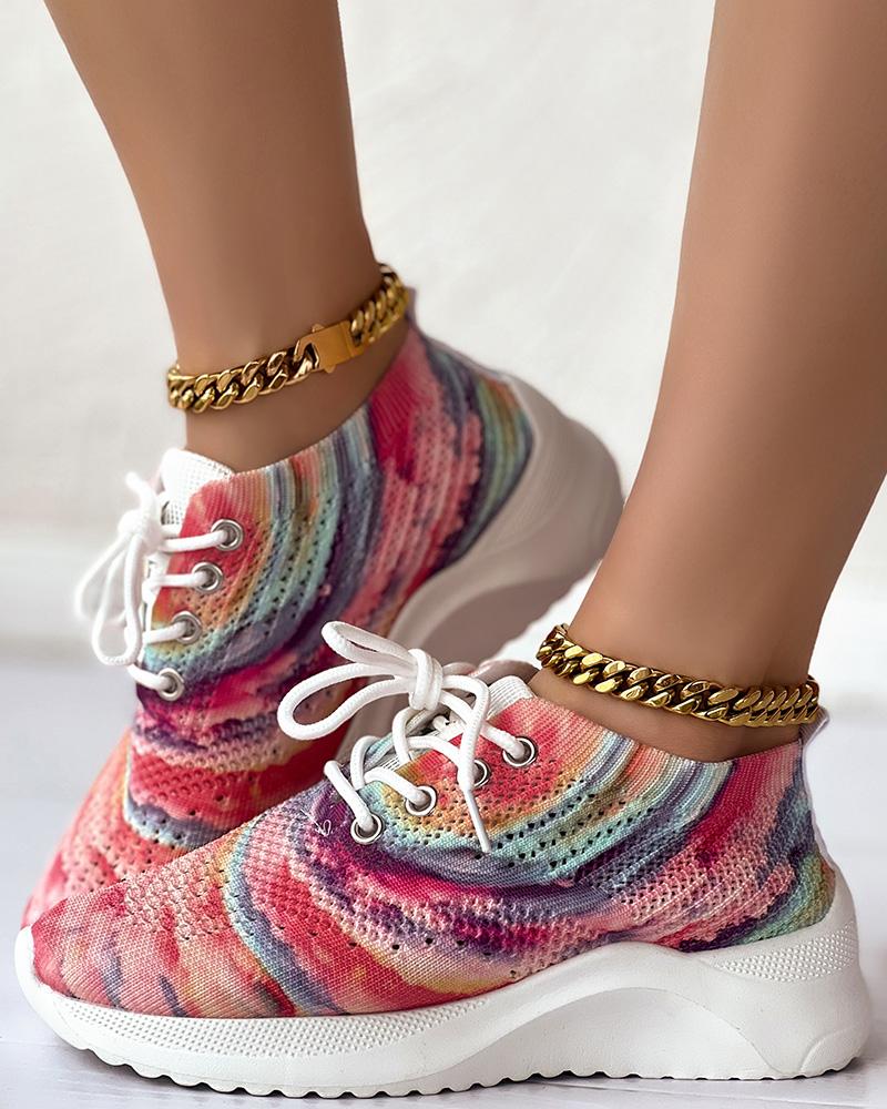 

Tie Dye Print Lace-up Slip-On Breathable Sneakers, Multicolor