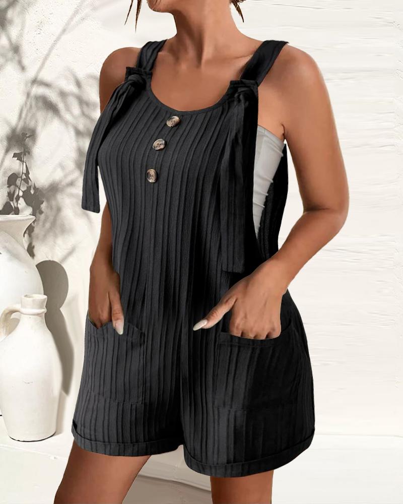

Button Pocket Design Textured Suspender Romper, Black