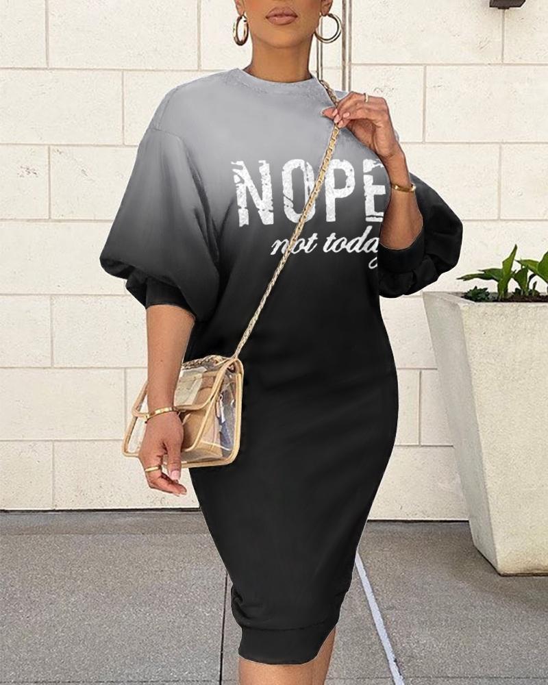 

Lantern Sleeve Letter Print Ombre Colorblock Sweatshirt Dress, Black