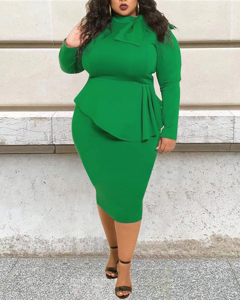 

Plus Size Bowknot Decor Patchwork Long Sleeve Midi Dress, Green