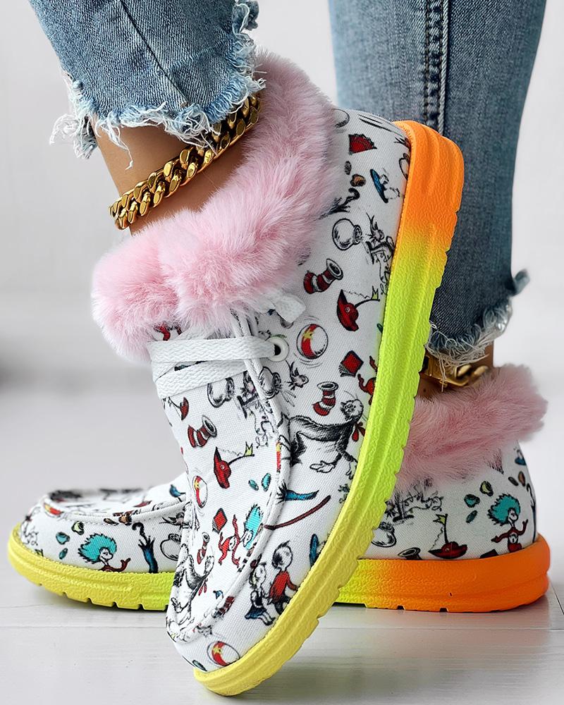 Christmas Cartoon Character Graphic Print Fuzzy Detail Lined Ankle Boots