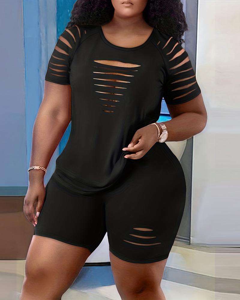 Plus Size Ladder Cutout Top & High Waist Shorts Set