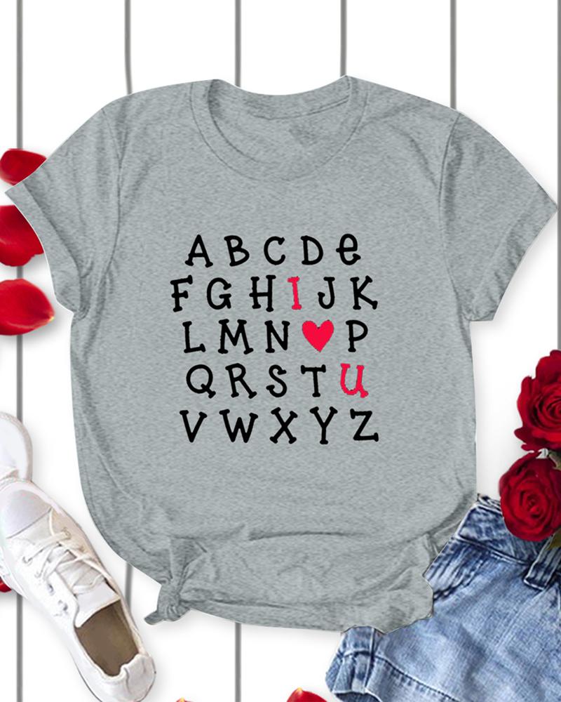

Valentine' Day Short Sleeve Letter Heart Print T-shirt, Gray