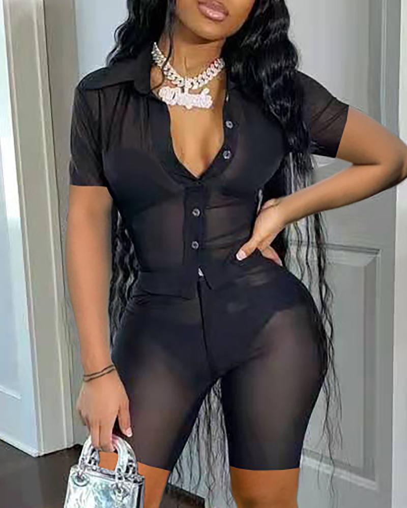 

Plain Pocket Design Sheer Mesh Top & Shorts Sets, Black