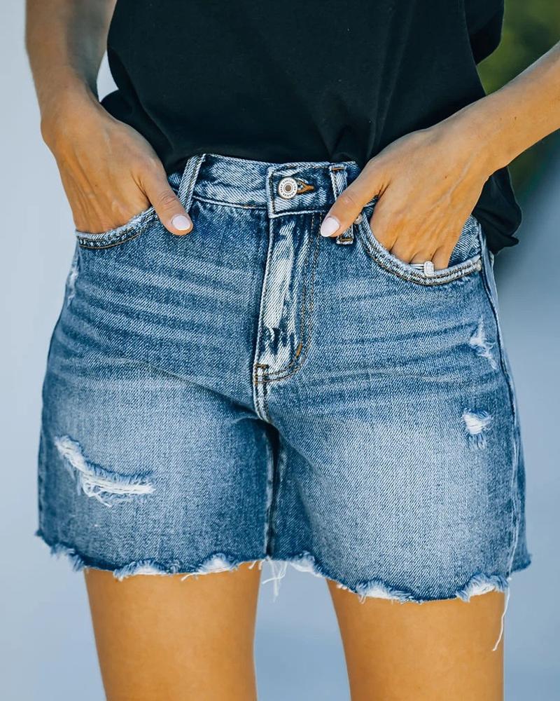 

Zipper Fly Ripped Raw Hem Denim Shorts, Blue