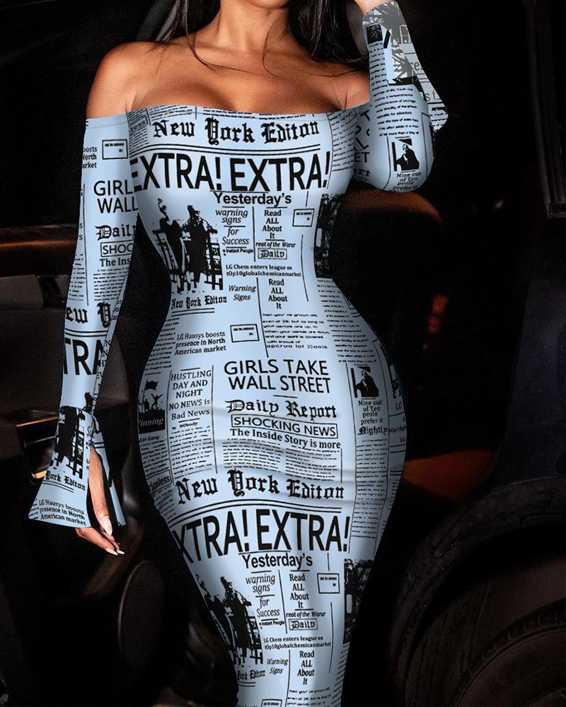 

Newspaper Pattern Print Off Shoulder Long Sleeve Bodycon Dress, Blue