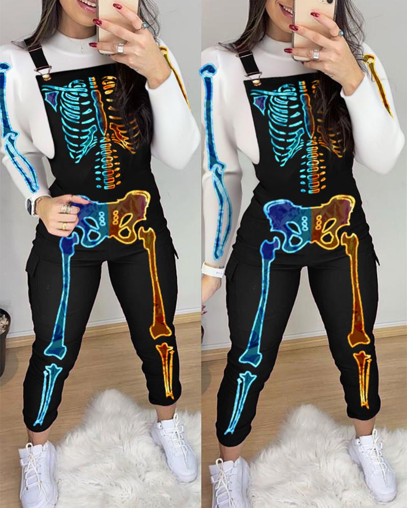 

Halloween Skeleton Print Suspender Jumpsuit With Top, Black