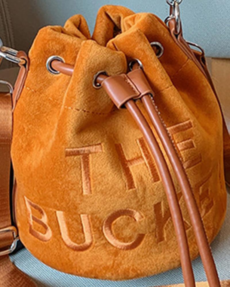 

Velvet Letter Pattern Drawstring Bucket Bag, Brown