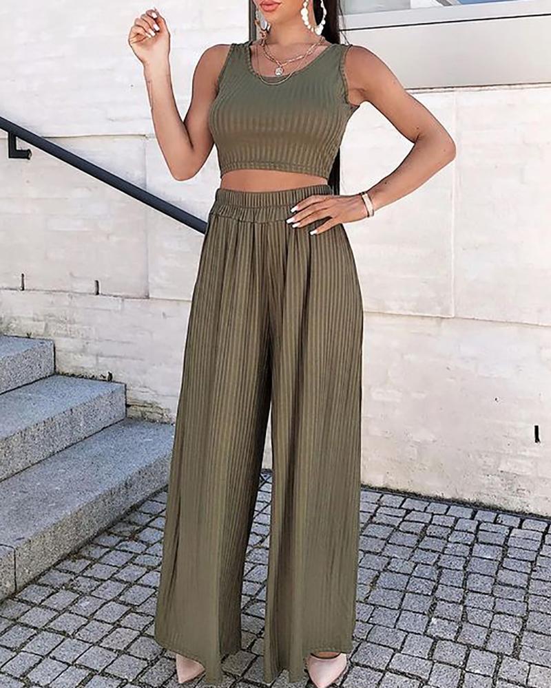 

Ribbed Sleeveless Top & Wide Leg Pants Set, Green