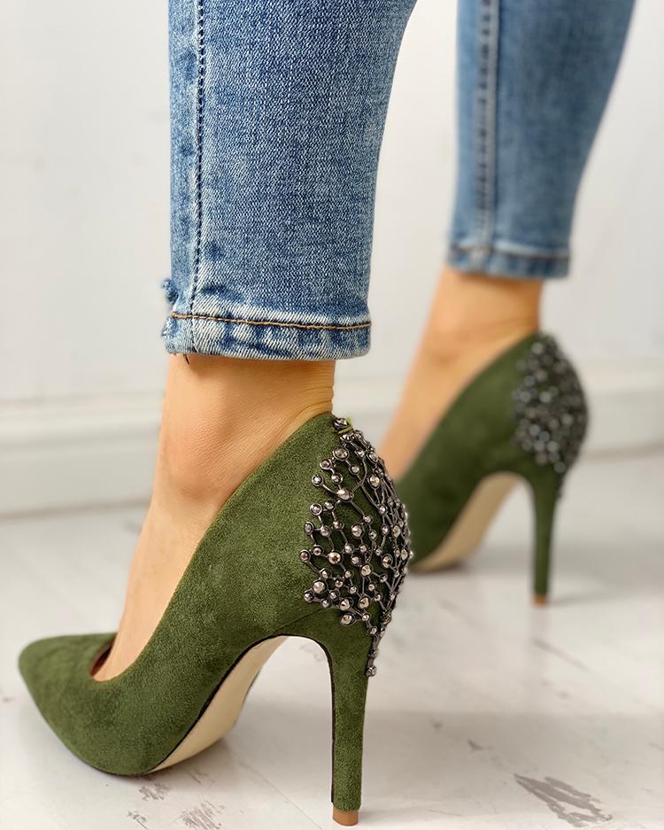 

Rivets & Metallic Embellished Pointed Toe Heels, Green