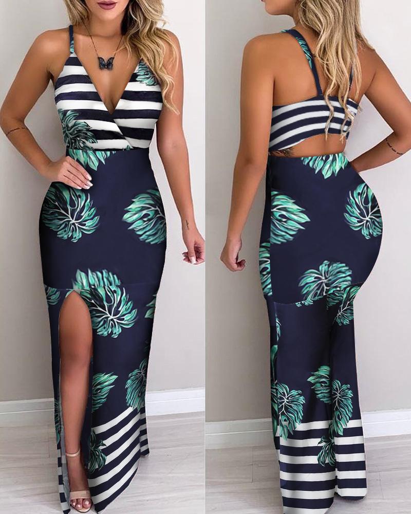 

Tropical Print Striped Cutout Back Slit Maxi Dress, Purplish blue