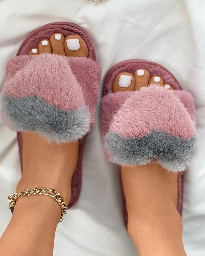 

Peep Toe Heart Pattern Colorblock Fluffy Slippers, Pink