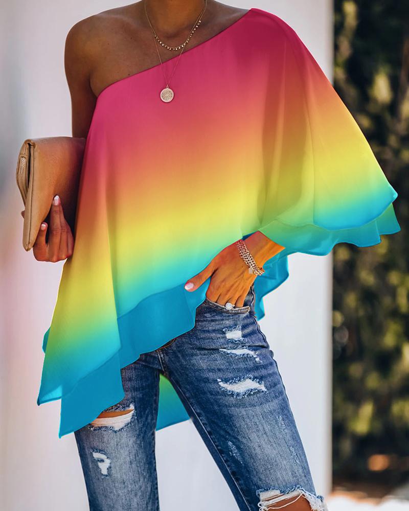

Tie Dye Print Ruffles One Shoulder Casual Top, Multicolor
