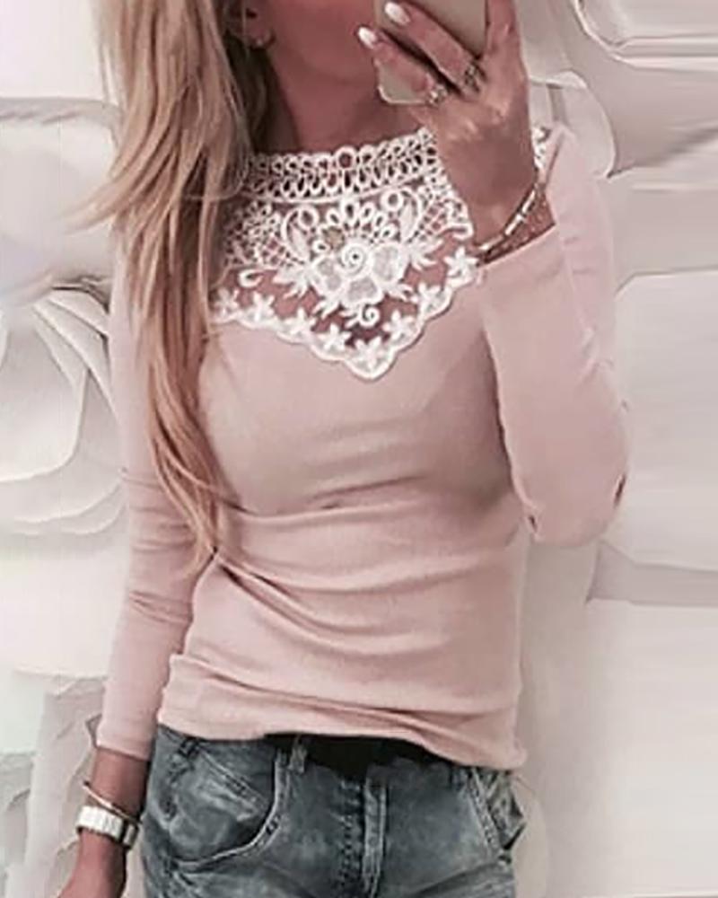 

Crochet Lace Long Sleeve Blouse, Pink