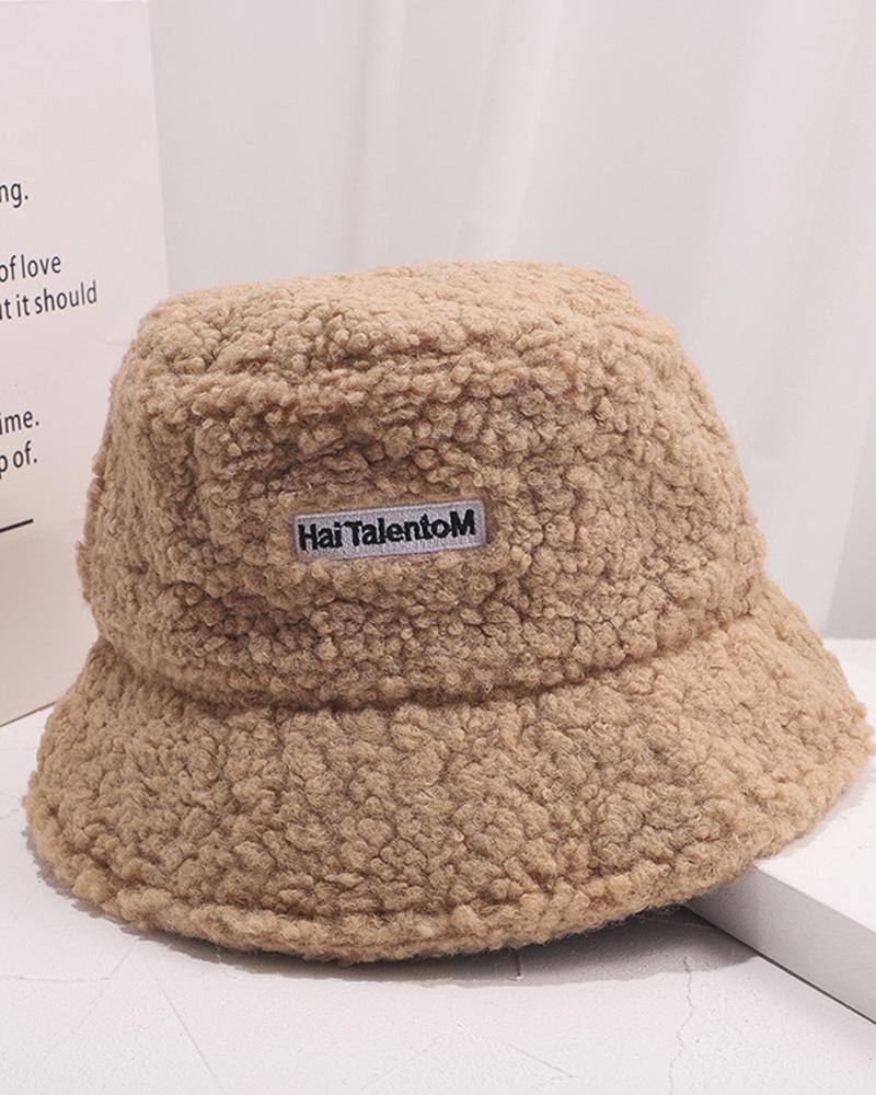 

Letter Embroidery Fluffy Winter Thermal Bucket Hat, Khaki