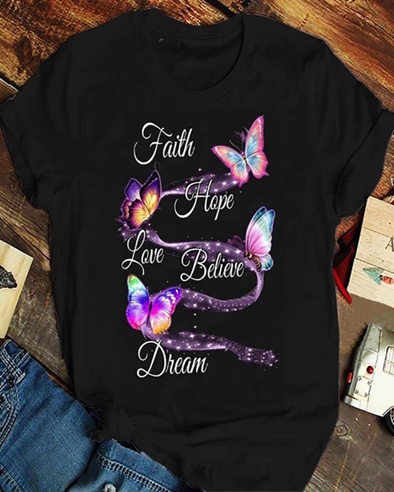 

Letter Butterfly Print Short Sleeve T-shirt, Black