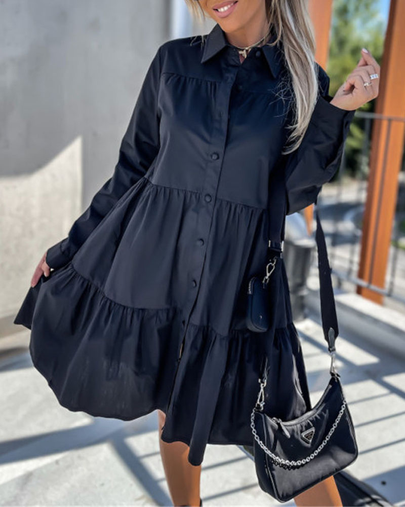 

Long Sleeve Ruffle Hem Buttoned Shirt Dress, Black