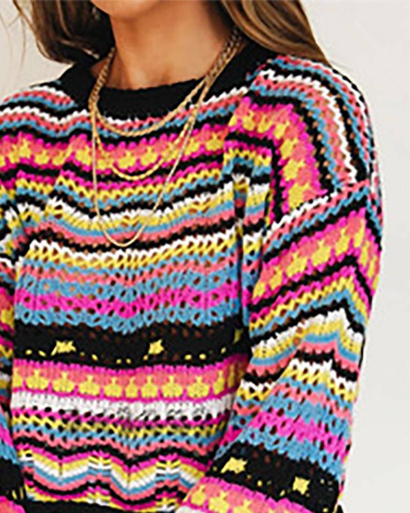 

Long Sleeve Graphic Striped Print Sweater, Black