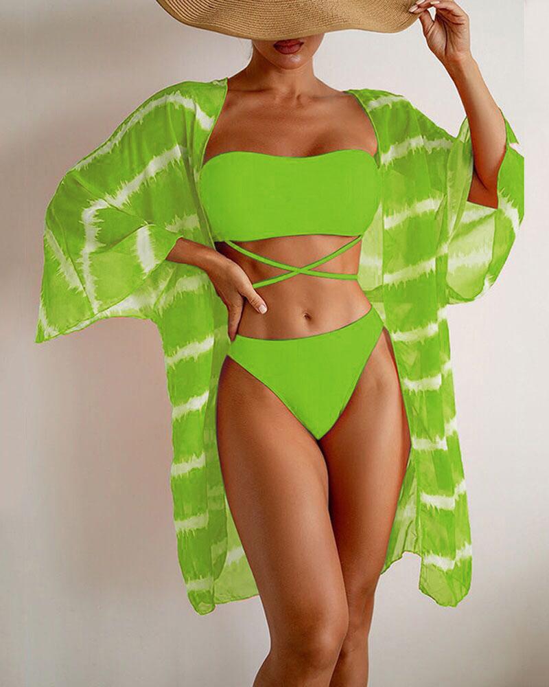 

3PCS Crisscross Bikini Set With Tie Dye Print Cover Up, Green