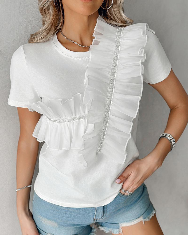 

Sheer Mesh Patch Ruffle Hem T-Shirt, White