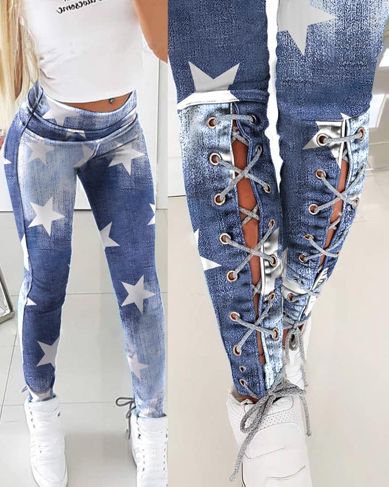 

High Stretch Star Print Lace-up Skinny Pants, Blue
