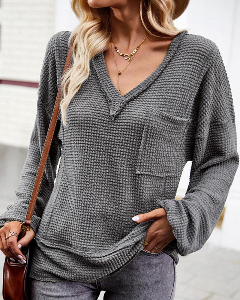 

V-Neck Lantern Sleeve Pocket Design Top, Gray