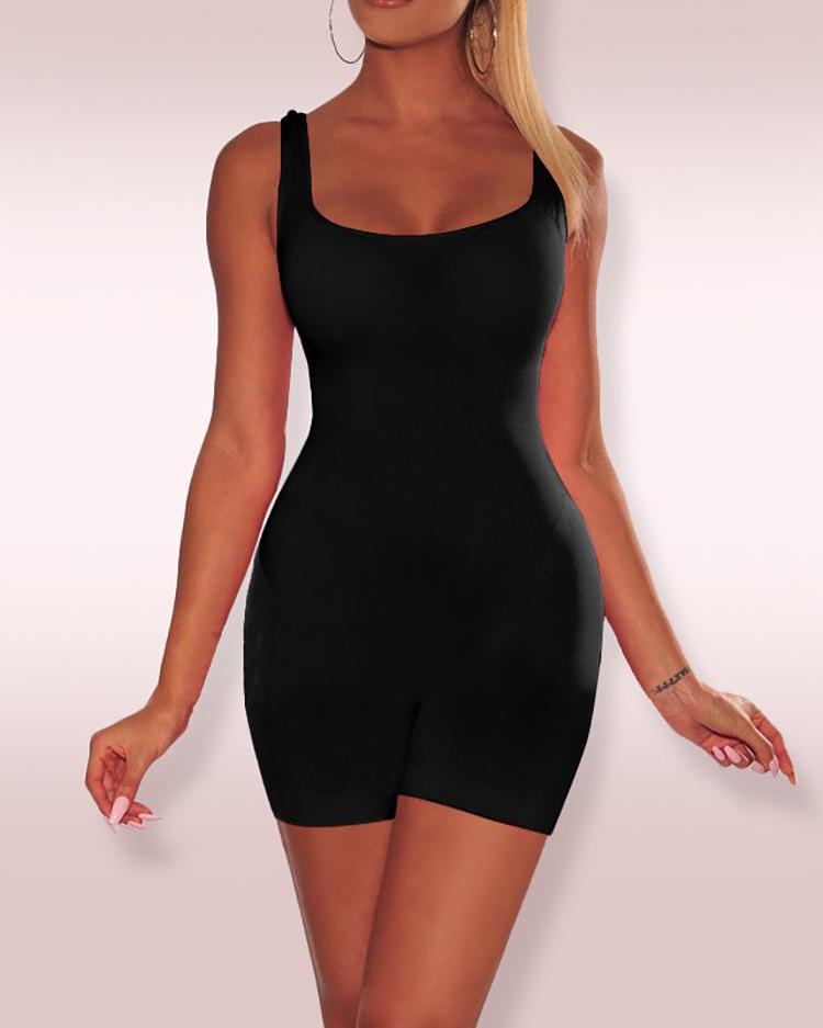 

Solid Thick Strap U-Neck Fitted Romper, Black