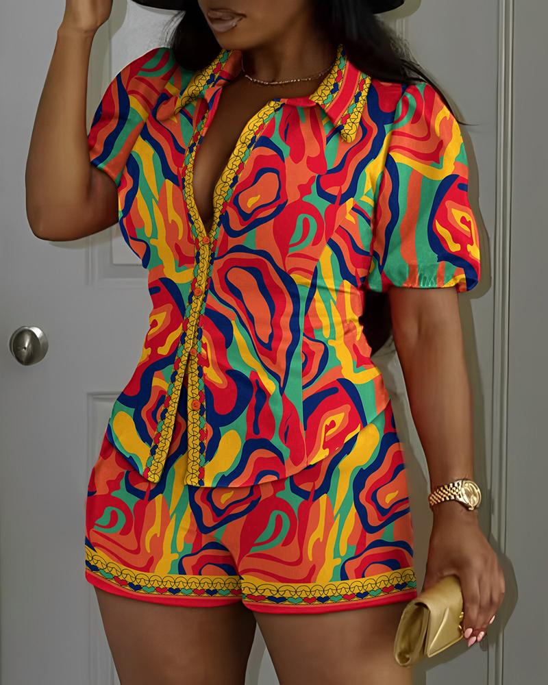 

Heart Multi-Color Abstract Print Striped Top & Pocket Design Shorts Set, Multicolor