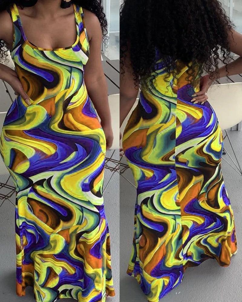 

Abstract Print Thick Strap Maxi Dress, Green
