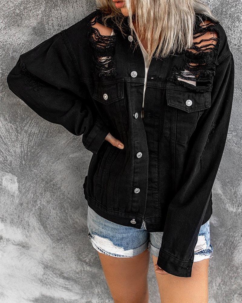 

Distressed Button Pocket Design Denim Jacket, Black