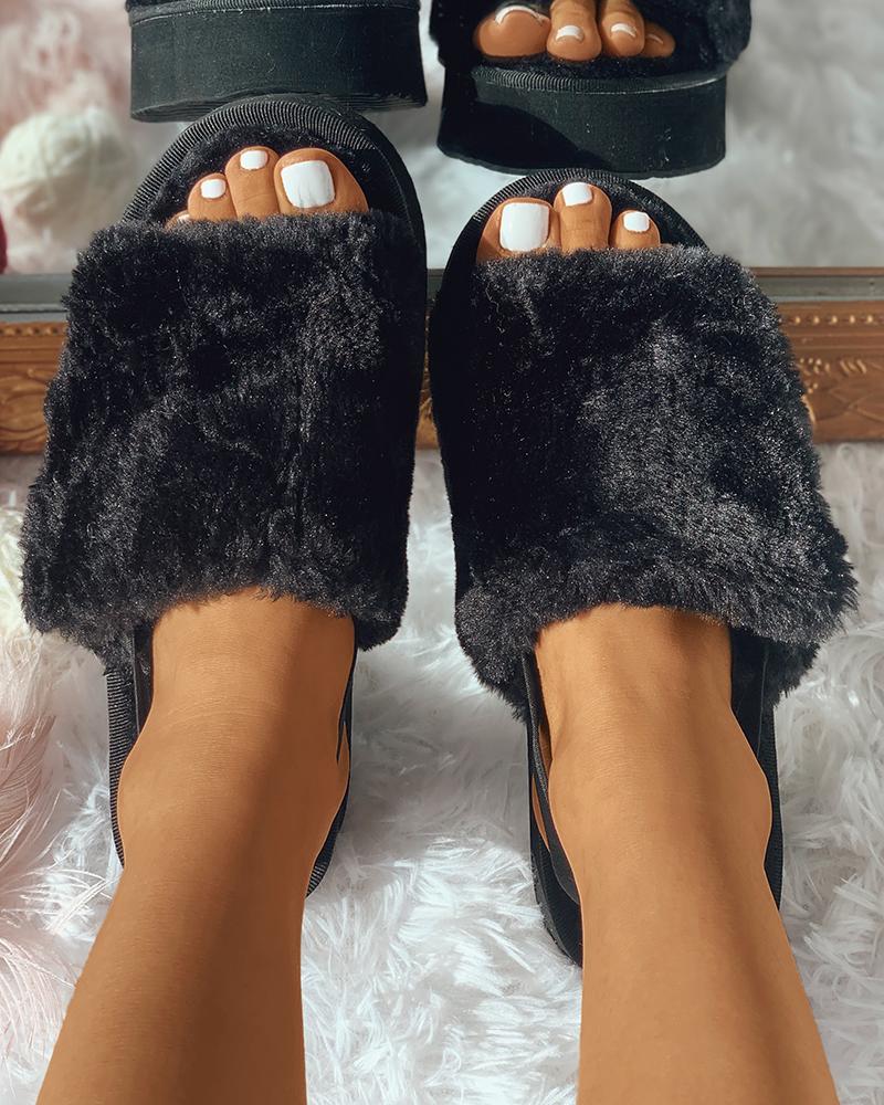 

Wide Band Fluffy Casual Slide Slipper, Black