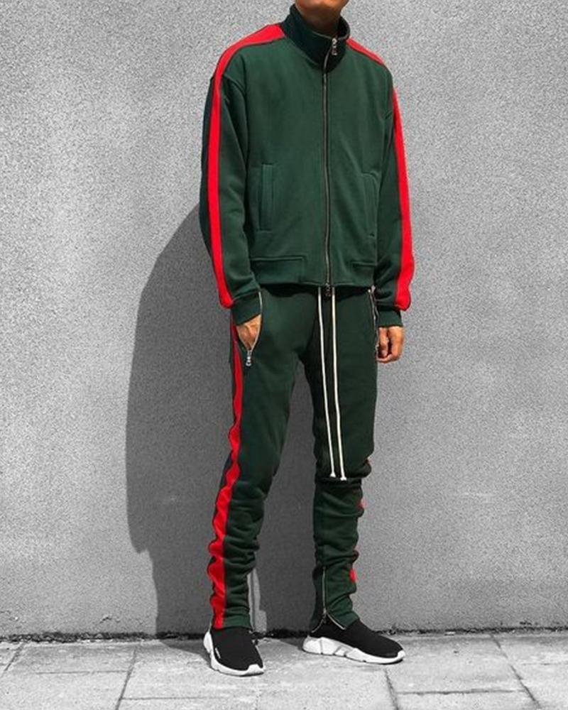 

Color Block Long Sleeve Coat And Pants Suit Sets, Green