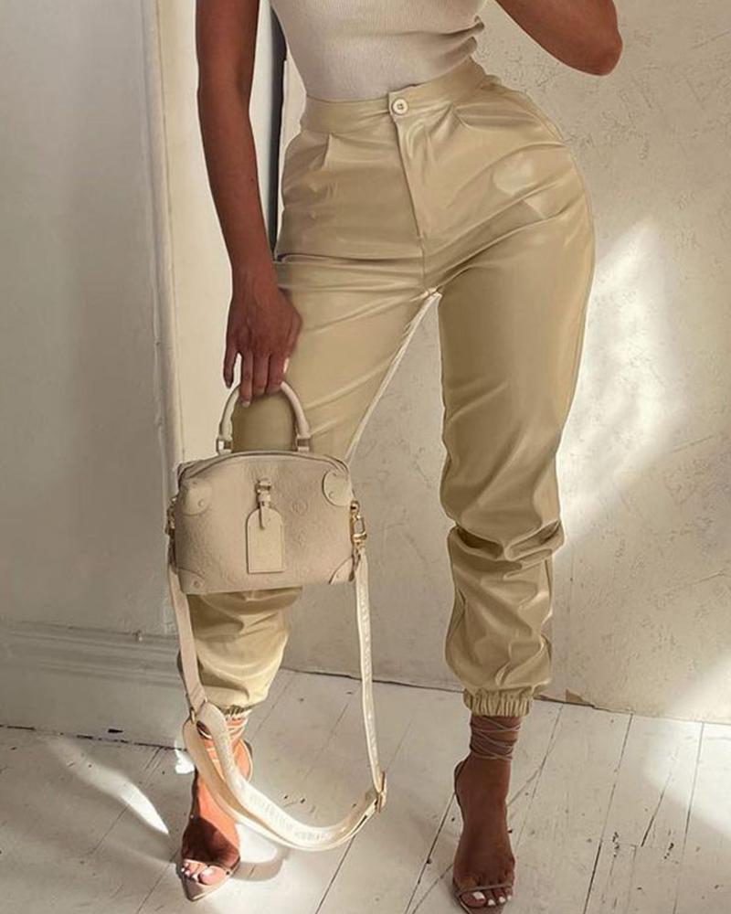 

Zipper Fly PU Leather Cuffed Pants, Apricot