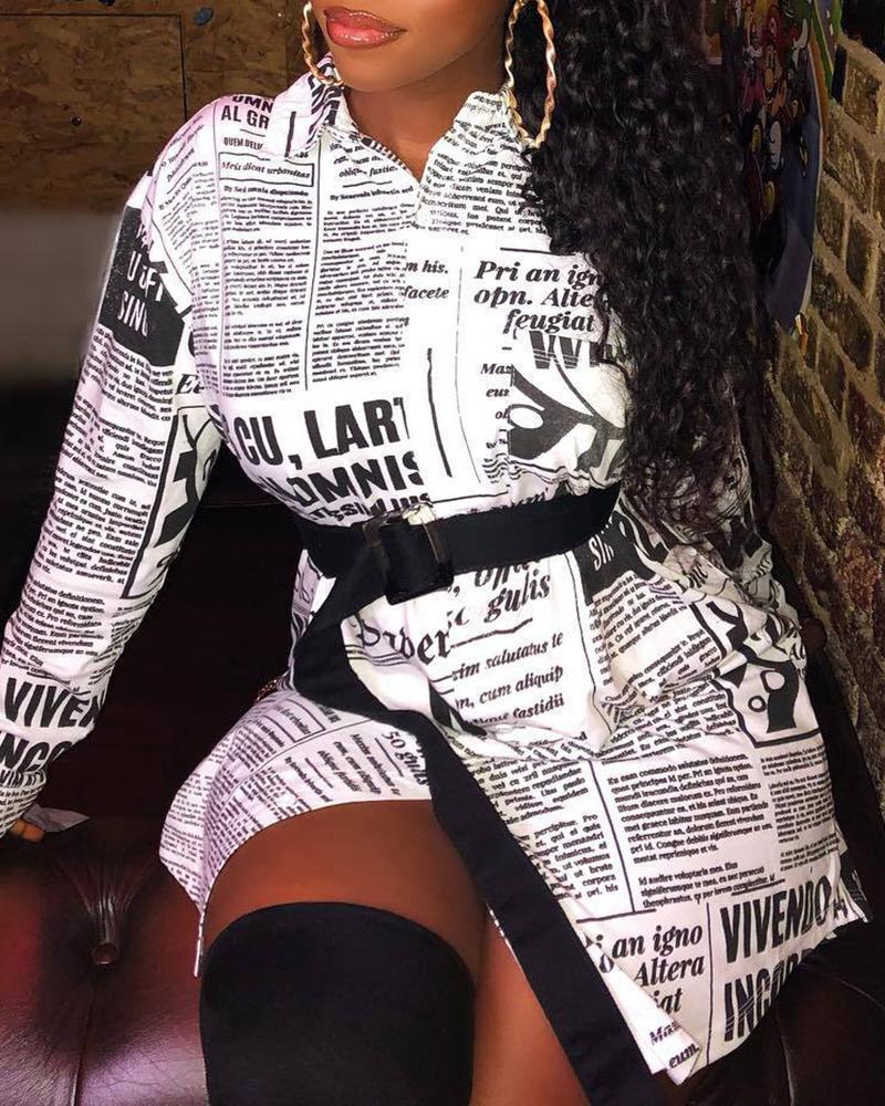 

Newspaper Print Long Sleeve Casual Shirt, White