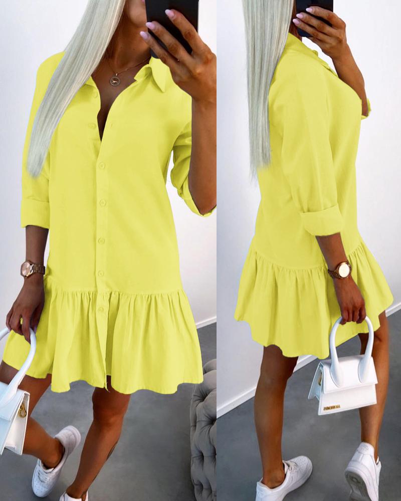 

Long Sleeve Buttoned Ruffle Hem Shirt Dress, Yellow