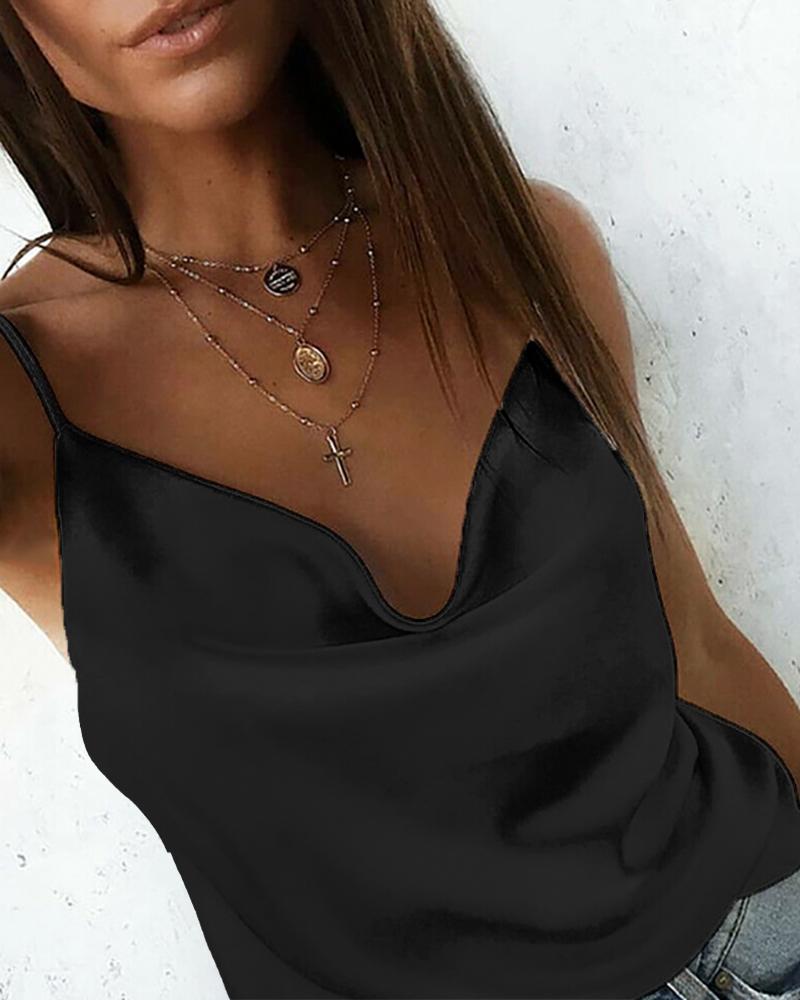 

Solid Satin Cowl Neck Cami Top, Black
