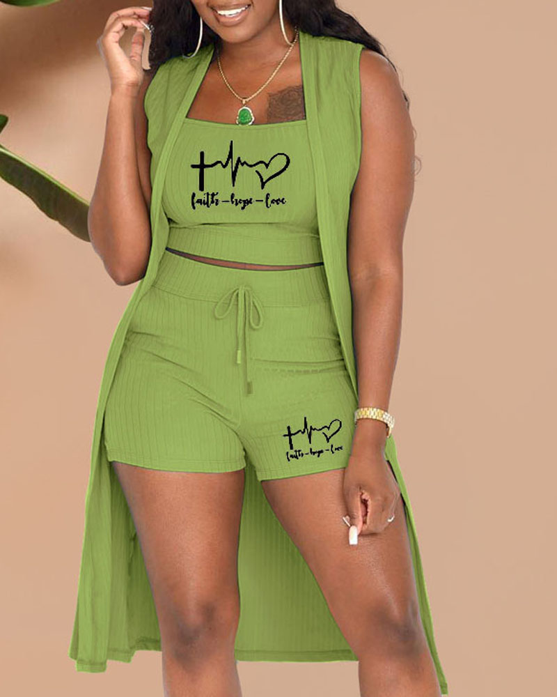 

3PCS Letter Heart Print Ribbed Crop Top & Shorts Set With Cardigan, Green