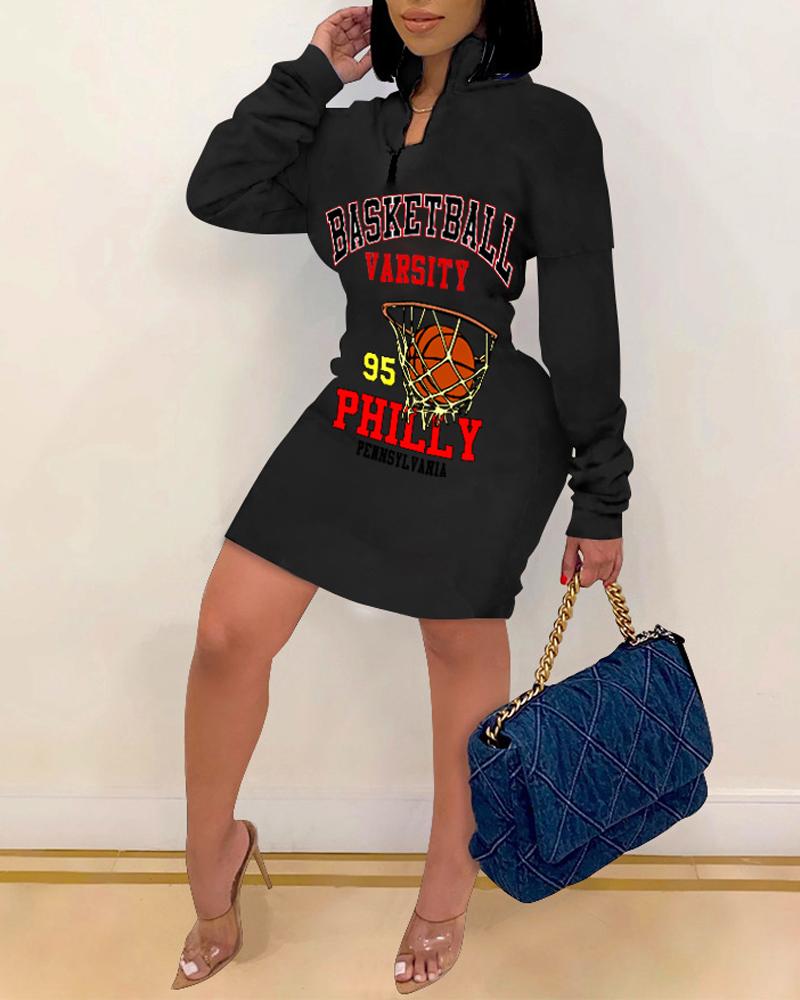 

Letter Basketball Print Long Sleeve Sweatshirt Dress, Black