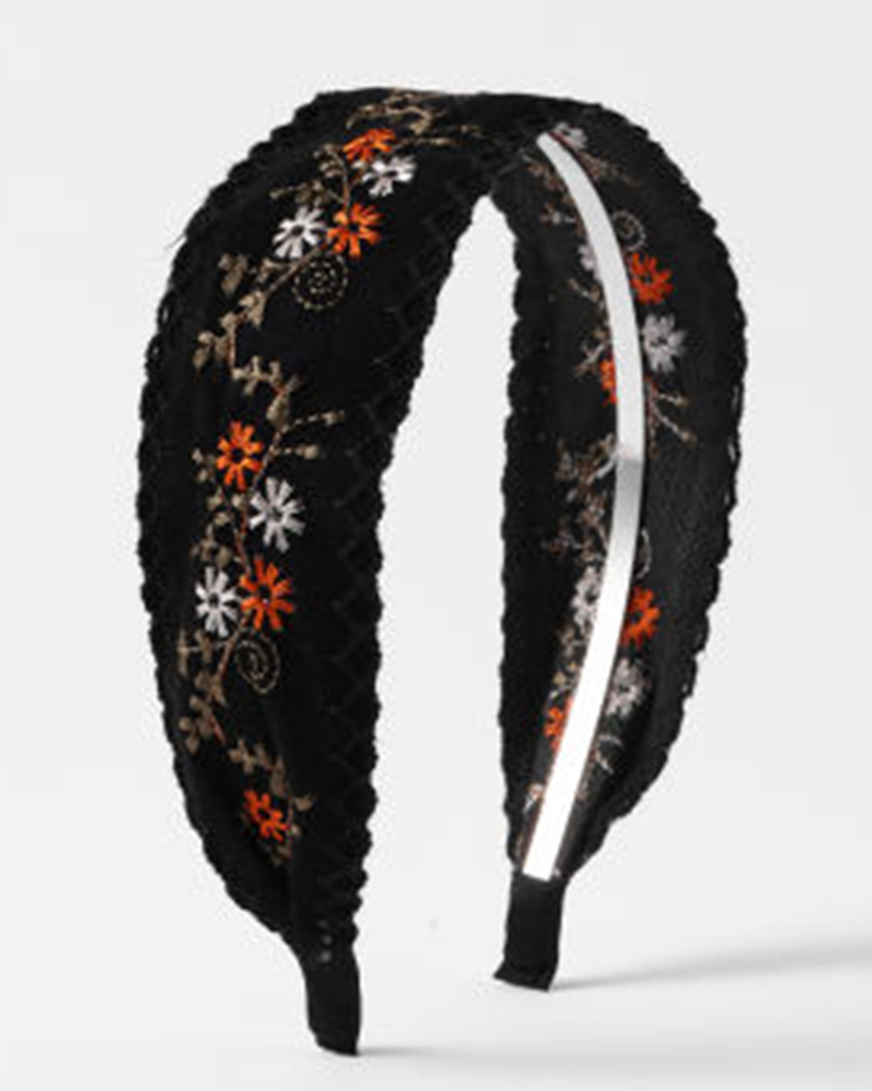 

1pc Tribal Floral Embroidery Heandband, Black