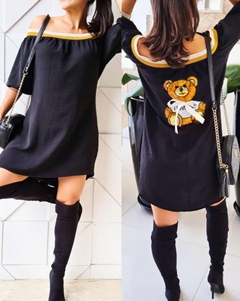 

Bear Pattern Sequins Off Shoulder Casual Top, Black