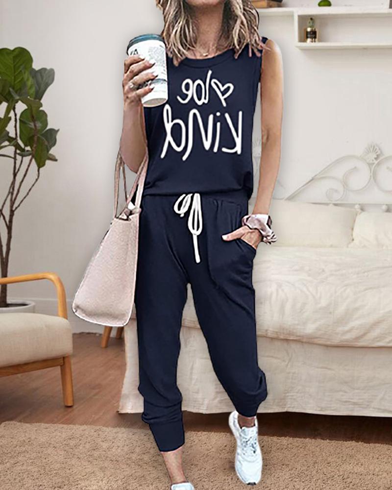 

Letter Print Tank Top & Drawstring Pants Set, Dark blue