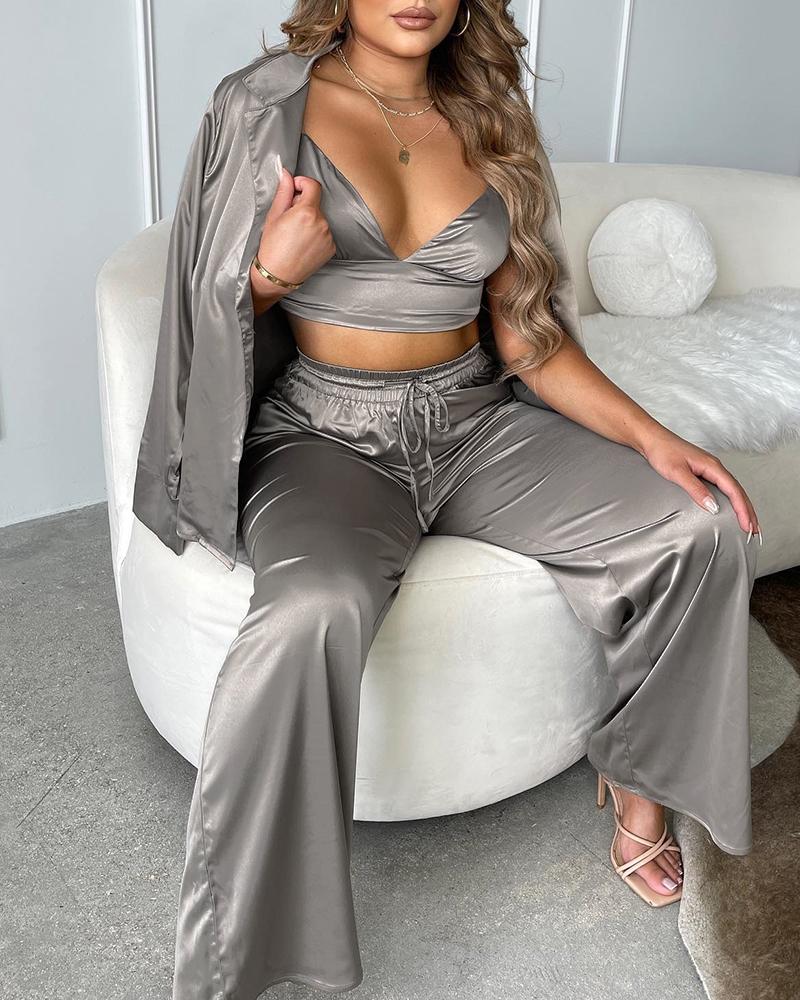 

Long Sleeve Satin Pajama Set With Crop Cami Top, Gray